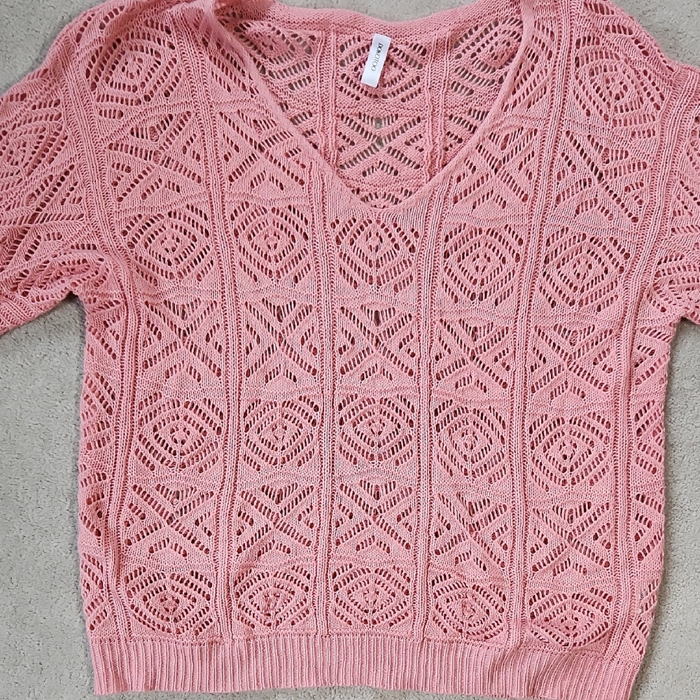 Women's Spring/Summer Crochet Hollow Out 3/4 Sleeve Pullover Sweater Pink/Orange